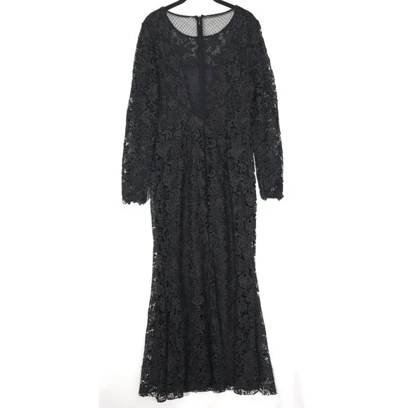 MONIQUE LHUILLIER Maxi Dress 12 Black Lace Tower Gown Crew Long Sleeve  Formal